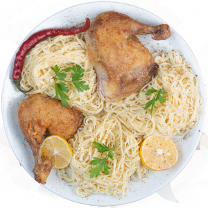 boiled-spaghetti-pepper-chicken-legs-white-plate