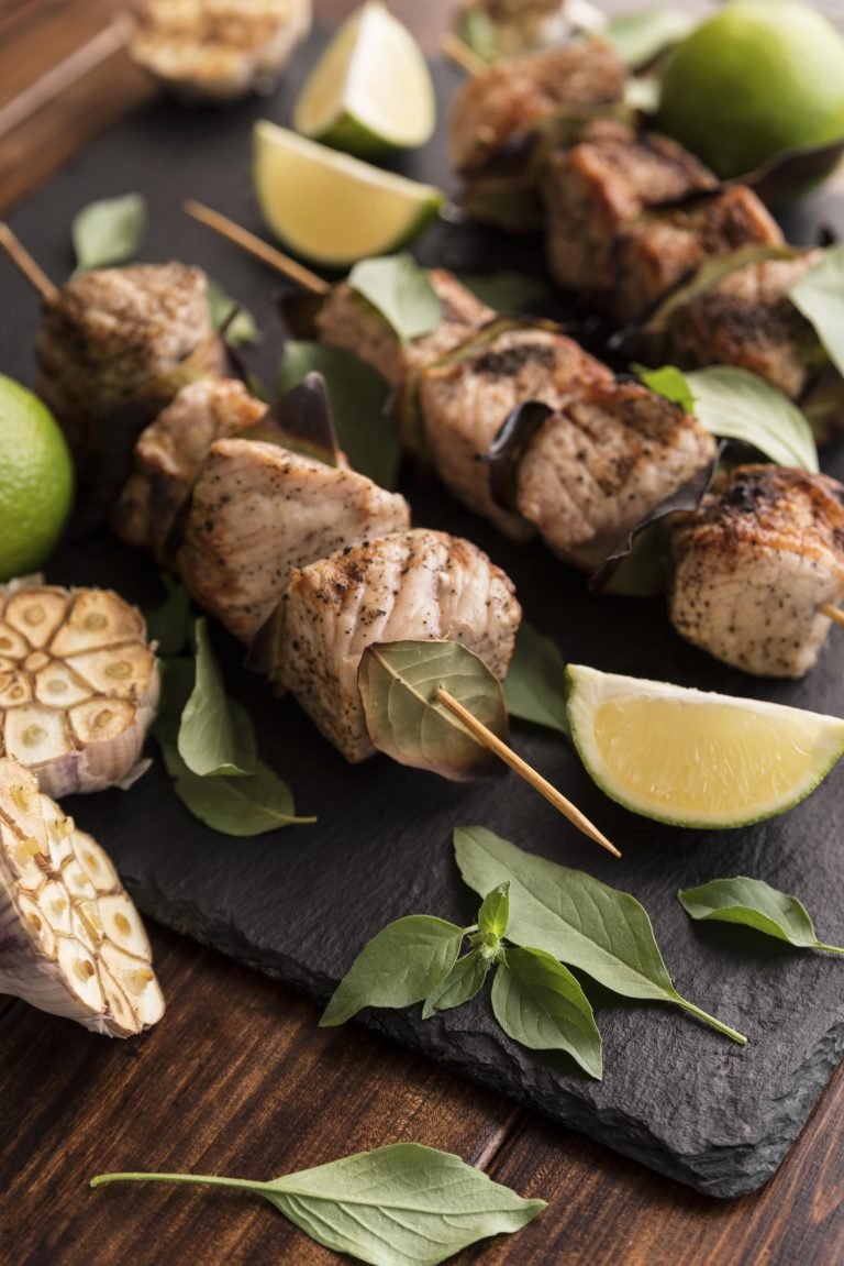 close-up-vegetables-meat-skewers